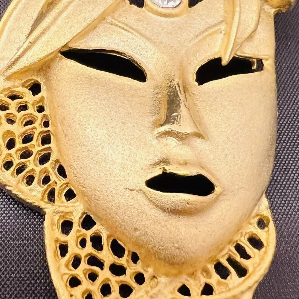 Vintage Lady Face Mask Gold Brooch Necklace Pendant Pin Art Deco Rhinestone 4089